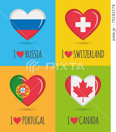 Loving and colorful posters of Russia, Switzerland, Portugal and Canada with heart shaped national flag and text Vector illustration 79282578