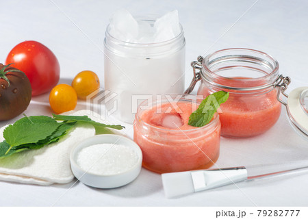 Tomato sugar scrub recipe. Organic home made cosmetic. Tomato sugar scrub recipe. Organic home made cosmetic. 79282777
