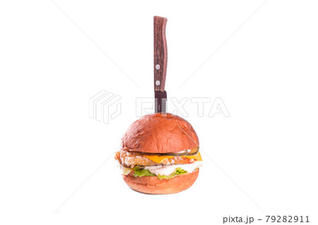 Chicken burger with knife isolated on white background. Delicious fastfood grilled fresh tasty burger, Fried Chicken Meat, Different type of sandwiches on white background. 79282911