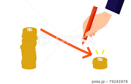 コストダウンのコンセプトイラスト、お金と鉛筆を持つ手、白バック、ベクター 79283978