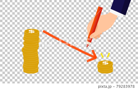 降低成本概念圖，手拿錢和鉛筆，白色背景，矢量圖 79283978