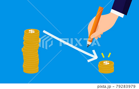 コストダウンのコンセプトイラスト、お金と鉛筆を持つ手、青バック、ベクター 79283979