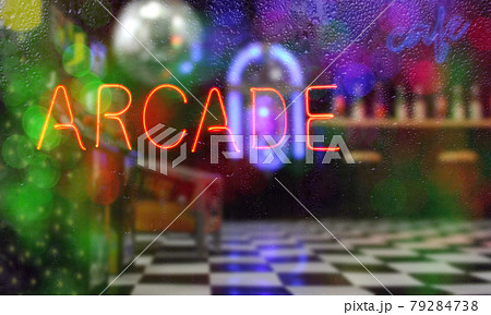 Neon Arcade Sign in Window Composite Image with blurred Arcade in Background. 79284738