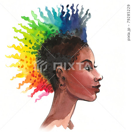 Pretty woman with rainbow colored hair. Ink and watercolor drawing 79285229