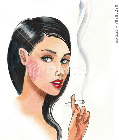 Beautiful brunette woman smoking marijuana joint. Ink and watercolor drawing 79285230