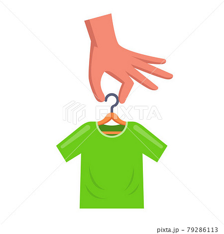 man is holding a hanger with a green t-shirt. man is holding a hanger with a green t-shirt. 79286113