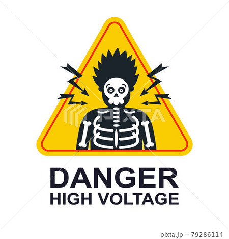 yellow sticker caution high voltage. electric shock by a person. 79286114