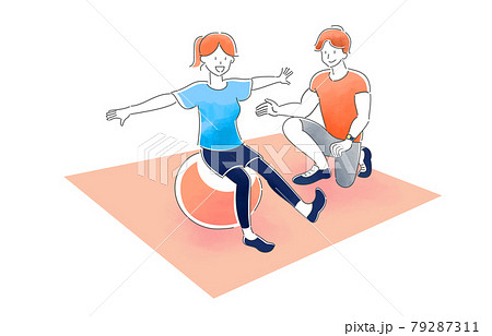 Young Male Trainer And Young Female Balance Ball Stock Illustration