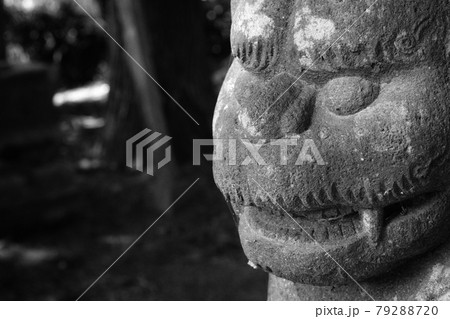 神社に対で設置されているユーモラスな表情の狛犬 79288720