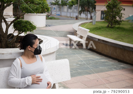 Asian Pregnant Woman Wearing Mask in the park during Covid 19 Asian Pregnant Woman Wearing Mask in the park during Covid 19 79290053