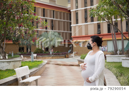 Asian Pregnant Woman Wearing Mask in the park during Covid 19 Asian Pregnant Woman Wearing Mask in the park during Covid 19 79290054