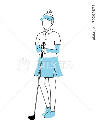 スポーツのゴルフのイラスト。ゴルフクラブを持って立っている若い女性。 79290875