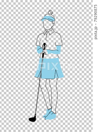 スポーツのゴルフのイラスト。ゴルフクラブを持って立っている若い女性。 79290875