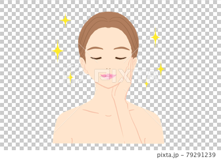 Shirtless illustration of a young woman relaxing with her hands on her cheeks and her eyes closed Shirtless illustration of a young woman relaxing with her hands on her cheeks and her eyes closed 79291239