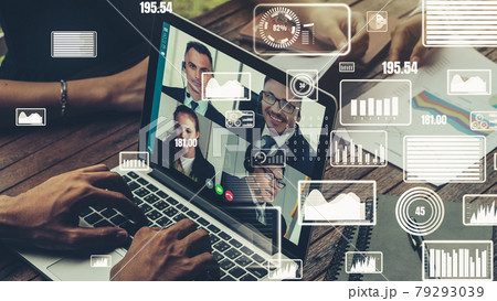 Creative visual of business people in a corporate staff meeting on video call 79293039