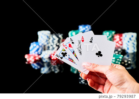 Casino chips, playing cards and dices on dark reflective background 79293987