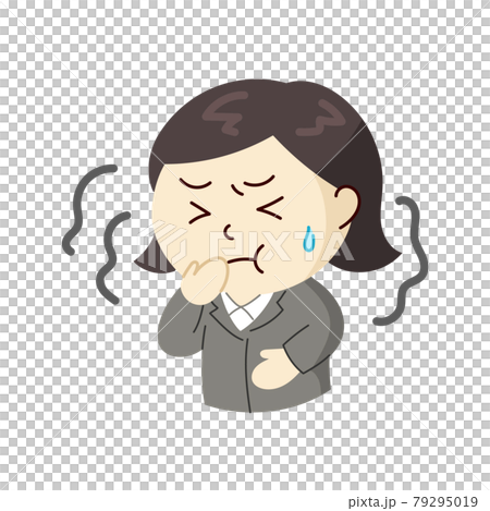 A woman in a suit who feels uncomfortable and is likely to vomit 79295019