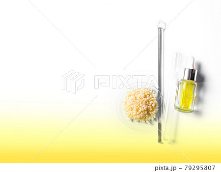 Candelilla Wax in Chemical Watch Glass, yellow cosmetic liquid (oil) and test tube place next to stirring rod. Chemicals for beauty care on yellow background. (Top View) 79295807