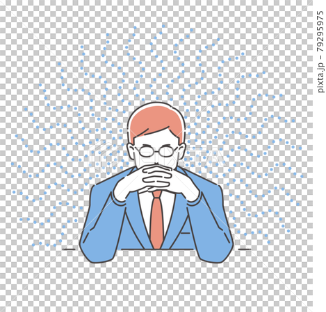 Business person, a man who thinks with his fingers crossed in front of his face, three colors on the front Business person, a man who thinks with his fingers crossed in front of his face, three colors on the front 79295975