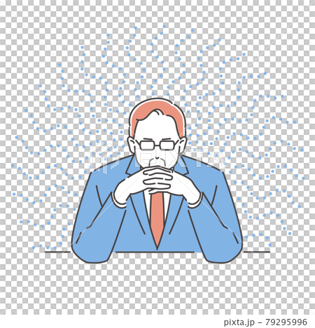 Business person, a man who thinks with his fingers crossed in front of his face, three colors on the front Business person, a man who thinks with his fingers crossed in front of his face, three colors on the front 79295996