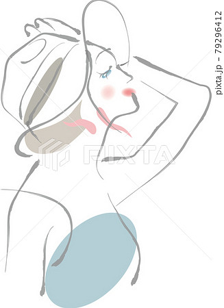 帽子をかぶって手で押さえている女性の横顔 帽子をかぶって手で押さえている女性の横顔 79296412