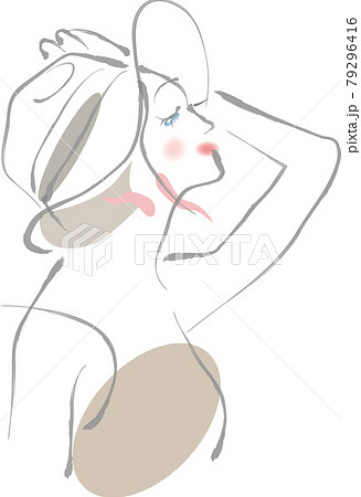 帽子をかぶって手で押さえている女性の横顔 帽子をかぶって手で押さえている女性の横顔 79296416