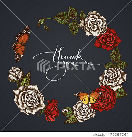 Dark Floral Wreath of red lacewing, plain tiger, roses 79297244