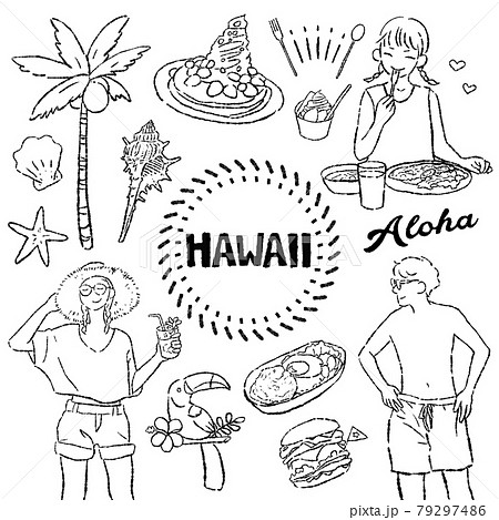 ハワイのイラストセット 線画のイラスト素材