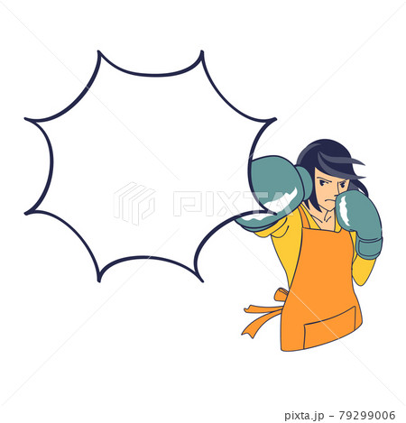 グローブを装着しパンチをするエプロン姿の女性 79299006
