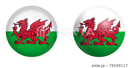 Wales (Cymru) flag under 3d dome button and on glossy sphere / ball. 79299117