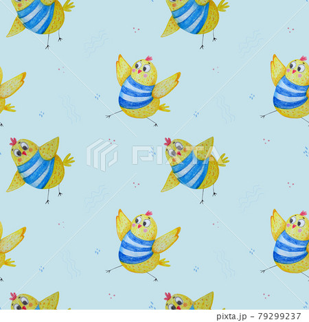Seamless pattern. Cute funny yellow birds in striped sea vests. Chicks sailors on light blue background. Watercolor illustration. Childrens collection for design, decor, textile and print 79299237