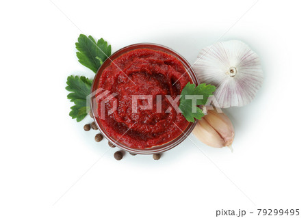 Bowl of tomato paste isolated on white background 79299495