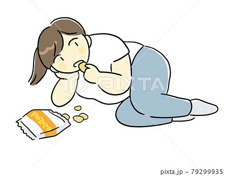 寝転びながらお菓子を食べる女性のイラスト素材