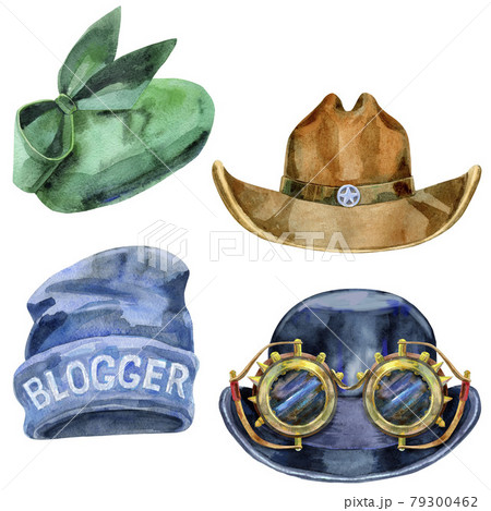 Set of watercolor illustrations of hats on white background Set of watercolor illustrations of hats on white background 79300462