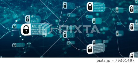Blockchain technology with diagram of chain and encrypted blocks on abstract background. Ledger technology and digital layer effect as business strategy. Block chain network Concept. 3D Rendering. 79301497