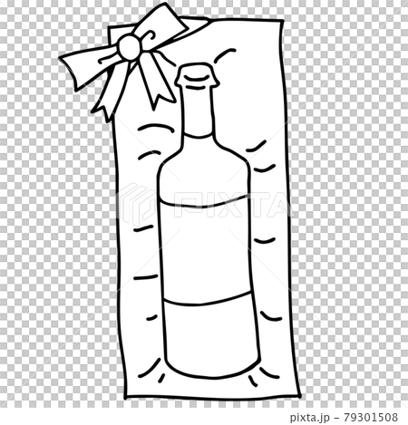 プレゼント用にラッピングされたお酒のボトル 線画イラスト のイラスト素材