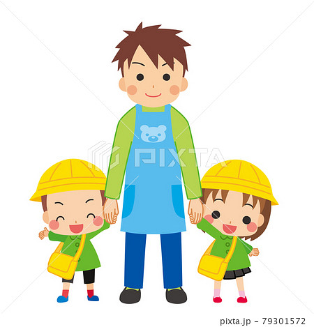 可愛い幼稚園の男の子と女の子と手をつないている保育士の男性のイラスト 白背景 クリップアートのイラスト素材