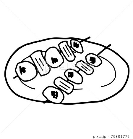 皿に載った焼き鳥の線画イラスト ねぎまタレ のイラスト素材 皿に載った焼き鳥の線画イラスト ねぎまタレ のイラスト素材