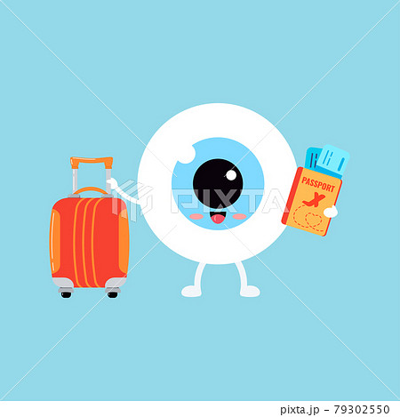 Cute eye ball emoji with suitcase and passport with tickets isolated. 79302550