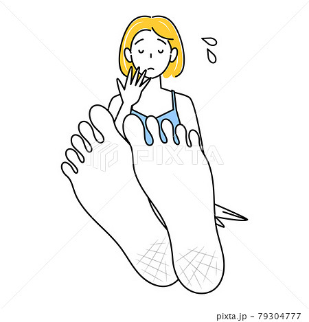 スキンケア 足裏のかかとがひび割れて悲しんでいる可愛い女性 足裏のアップ イラスト ベクターのイラスト素材