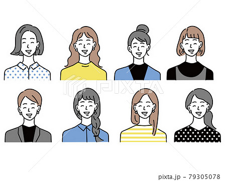 人物アイコンイラスト 女性 10代 代 ファッション 髪型 若者 顔パターン のイラスト素材