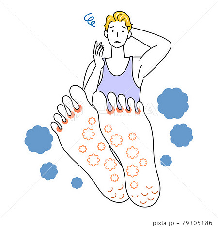 スキンケア 足が水虫になってしまい悲しんでいる可愛い男性 足裏のアップ イラスト ベクターのイラスト素材