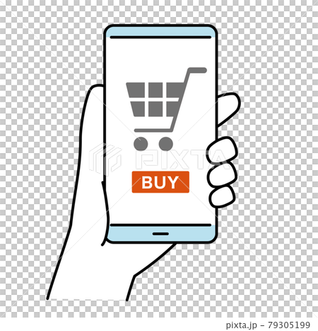 智能手機在購買屏幕上的插圖 購物車 線描顏色 智能手機在購買屏幕上的插圖 購物車 線描顏色 79305199