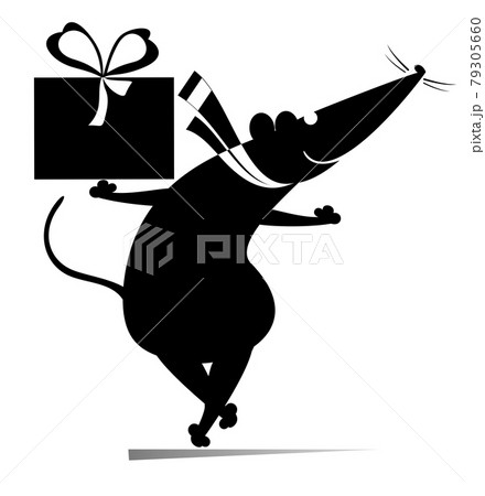 Cartoon rat or mouse holds a present box with ribbon illustration. Funny rat or mouse with a gift celebrating birthday or important event black on white Cartoon rat or mouse holds a present box with ribbon illustration. Funny rat or mouse with a gift celebrating birthday or important event black on white 79305660
