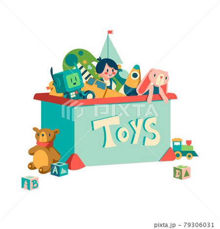 Toy box. Cartoon container with kids transport and plush animals. Doll or robot for infant play and education. Storage of children rocket or musical instrument. Vector orphanage gift box 79306031