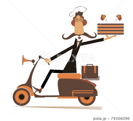 Delivery man with boxes of food drives a scooter illustration.  Long mustache comic cook holds boxes with a tasty smelling food and drives a scooter isolated on white 79306096