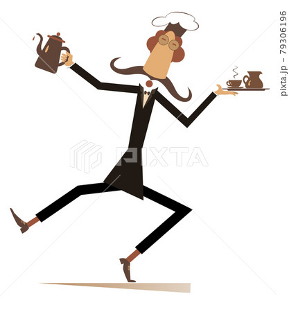 Mustache comic cook illustration. Mustache cook carries a tray with coffee or tea cup and cream in one hand and a tea or coffee pot in another isolated on white Mustache comic cook illustration. Mustache cook carries a tray with coffee or tea cup and cream in one hand and a tea or coffee pot in another isolated on white 79306196
