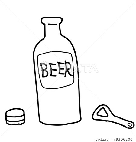 栓抜きで蓋（王冠）を開けたビール瓶の線画イラスト 79306200