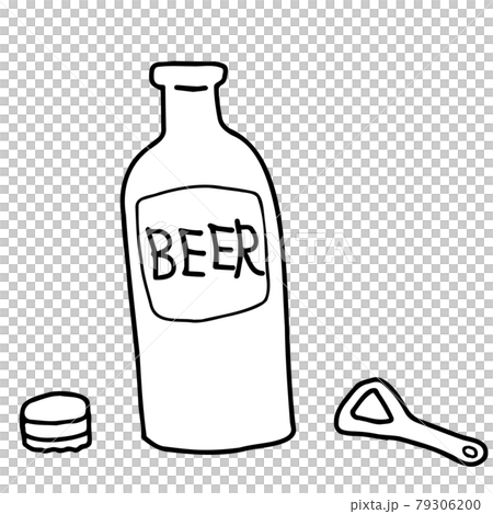 栓抜きで蓋（王冠）を開けたビール瓶の線画イラスト 79306200
