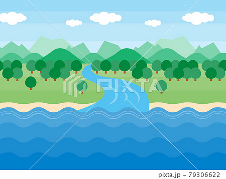山から川が海に流れるまでの自然環境の背景イラスト きれいな環境のイメージのイラスト素材